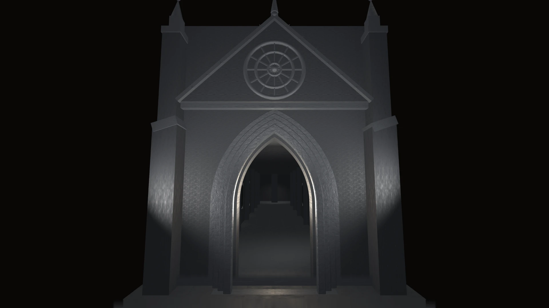 The Hall — a dark cathedral gallery, seen from the approach to its lit doorway